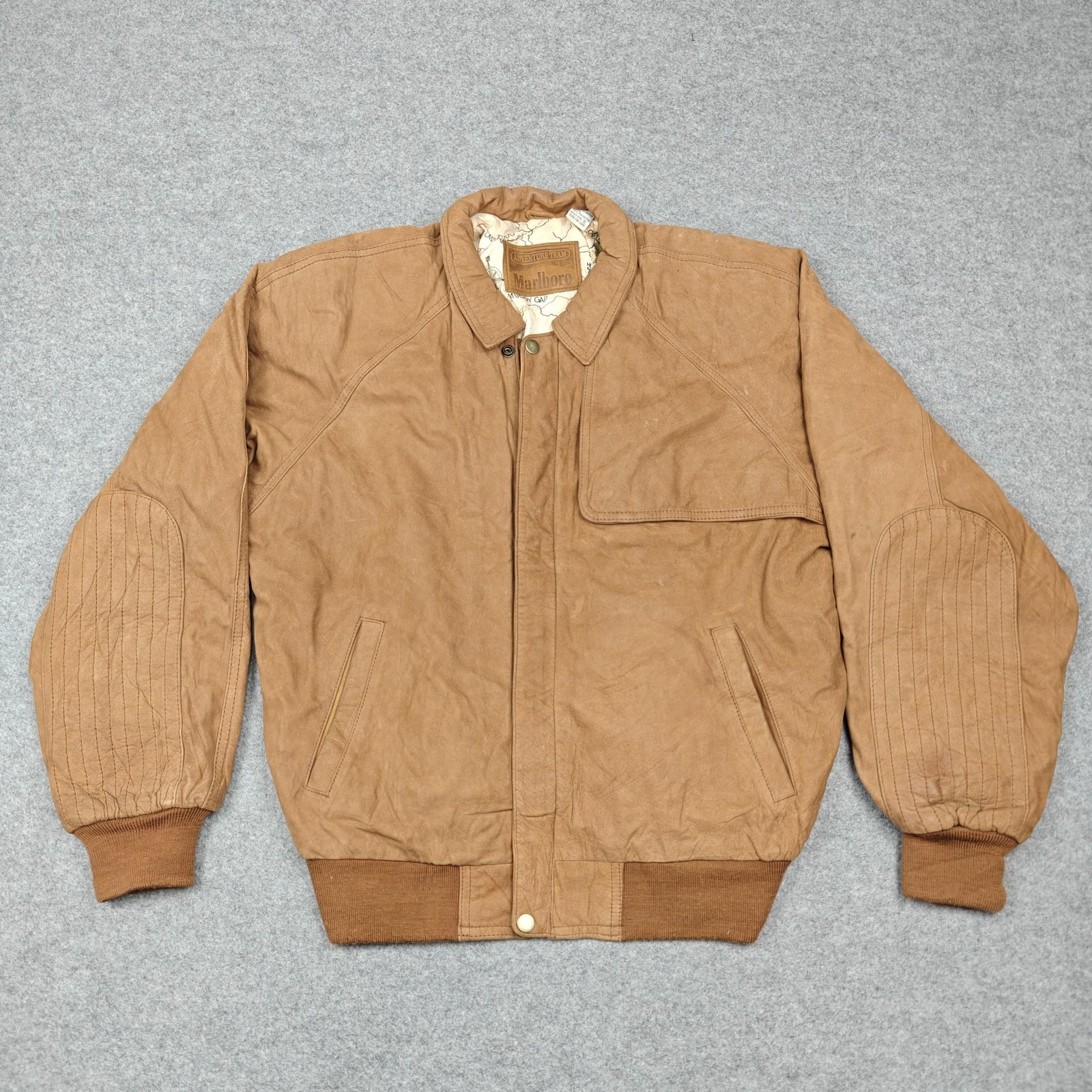 Vintage Marlboro Jacket Mens Small Brown Leather Adventure Team Bomber Lined